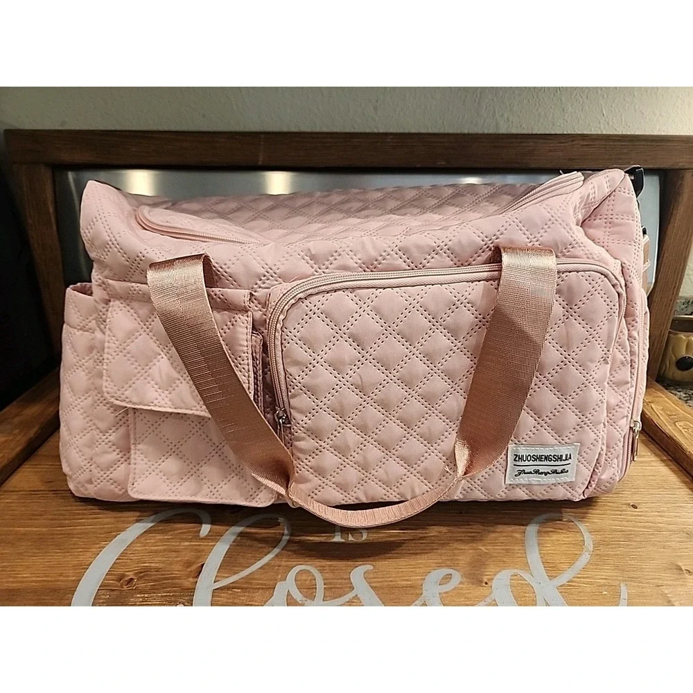 Sport Gym Bag Large Quilted Travel Duffel‎ Bag with Shoe Compartment Pink